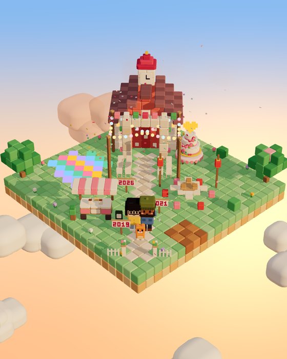 Block Builder: Mei and Sam's finished wedding venue on a floating island at golden hour